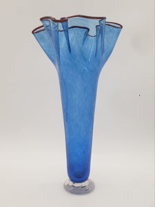Footed Drape Vase Blue with Red Lip Wrap