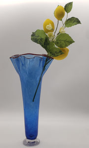 Footed Drape Vase Blue with Red Lip Wrap
